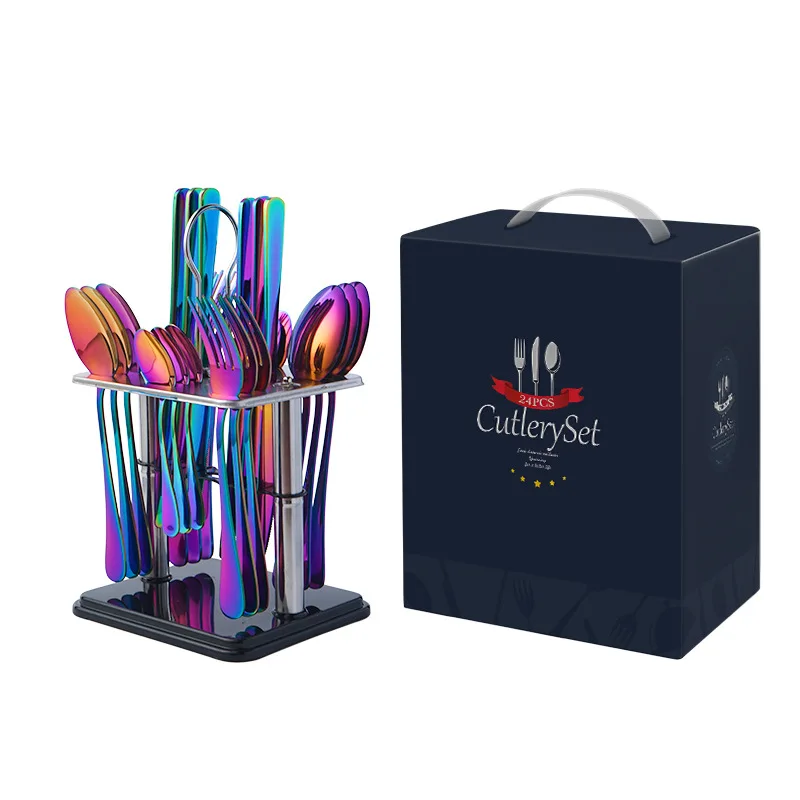 

24pcs Rainbow stainless steel cutlery set tableware Portable spoon fork flatware set with Gift box