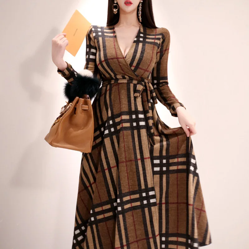 

Droma 2020 autumn and winter new long skirt Korean style V-neck plaid wrap large swing skirt dress, Picture color