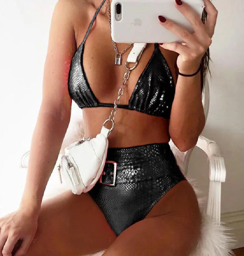 

5 Colors New Sexy Leather Fabric Ladies Split High Waist Swimwear, Picture color