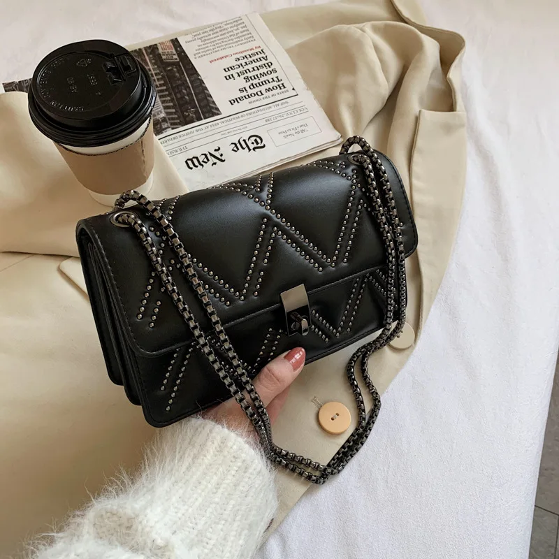 

Korean Female Chain Sling Bags Lady Crossbody Bag Rivet Trendy Leather Women Handbags, Customizable