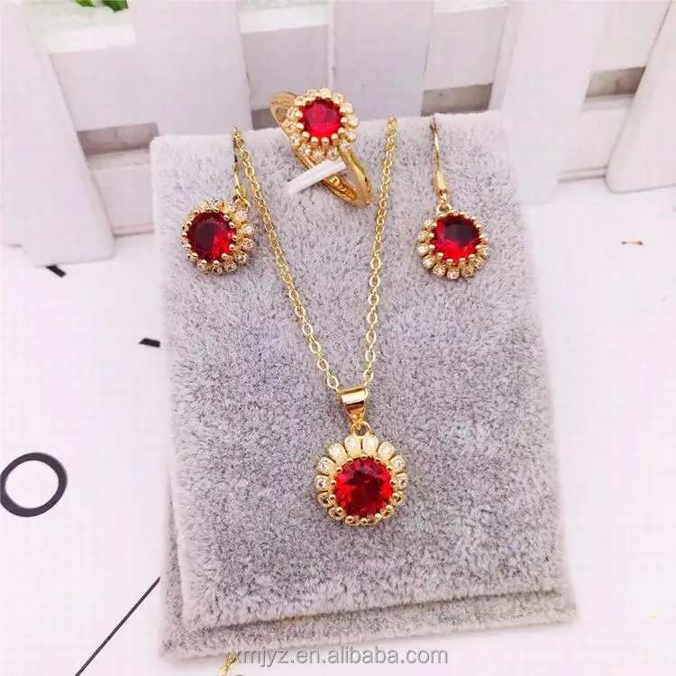 

Brass Gold-Plated Jewelry Three-Piece Set Of Micro-Inlaid Round Rubies