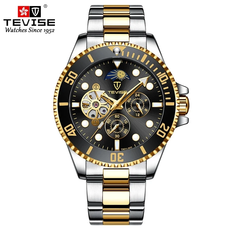 

TEVISE T801-002 luxury gold gents mechanism watch taobao Stainless steel band Luminous Chronograph moon phase business watch