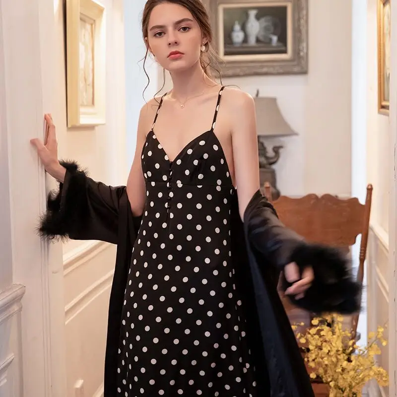 

New Feather Polka Dot Sleeping Dress Satin Sling Nightgown Robes Two Piece Women Sexy Nightwear Robe Sets Sleepwear