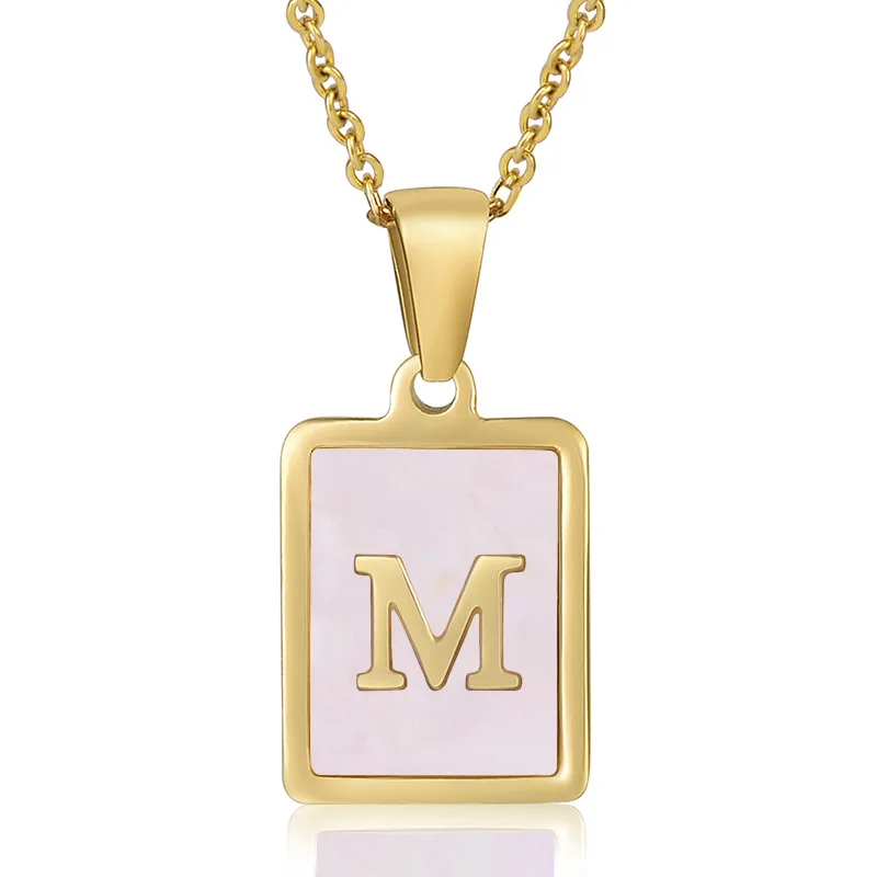 Dainty Square 18K Gold Plated Square Shell Initial Necklace Cute Stainless Steel White Shell A To Z Alphabet Letter Necklace