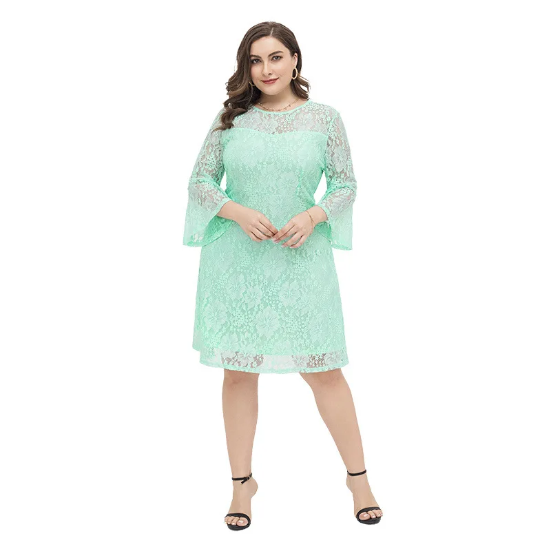 

Women's fresh mint green elegant loose long sleeve round neck embroidery casual lace dress large size, White