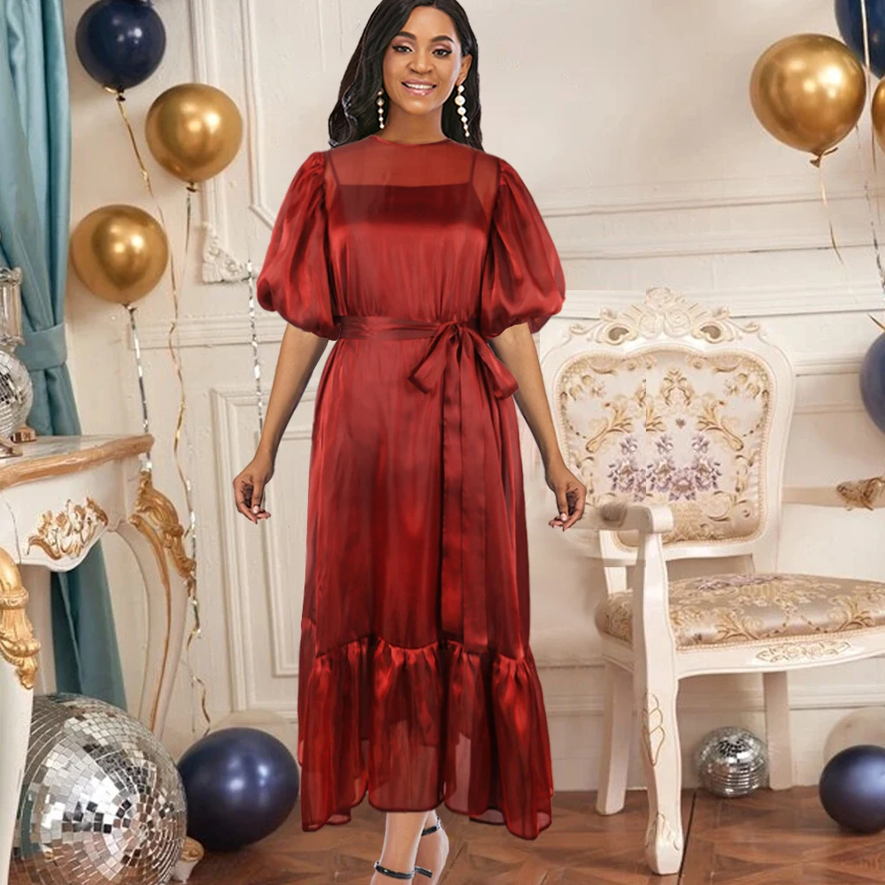 

4XL Summer Midi See Through A Line Lantern Sleeve Women Casual Dress