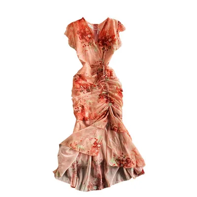 

A406 Spring Summer Women French Floral Printed Mermaid Bodycon Dress