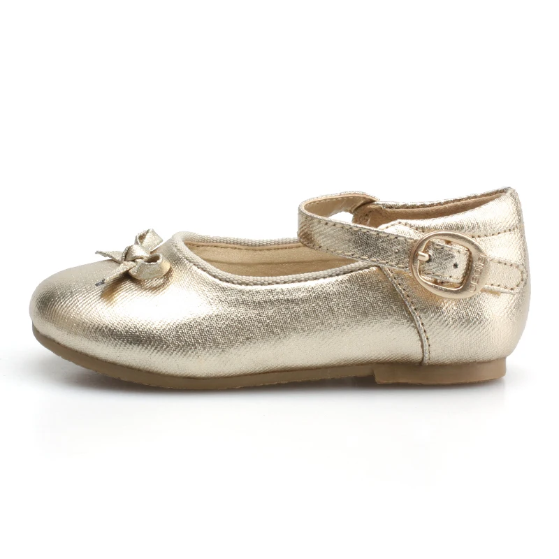 

Baby party fashion popular gold metallic pu with cute bow soft leather insole ankle strap flat ballet shoes