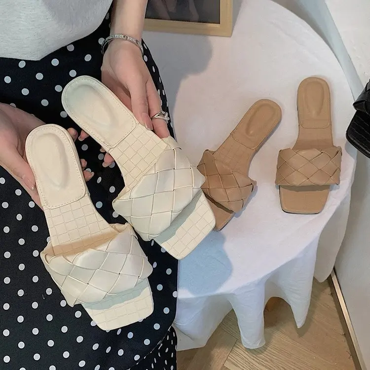 

Large size slippers square toe woven women outer wear summer fashion sandals