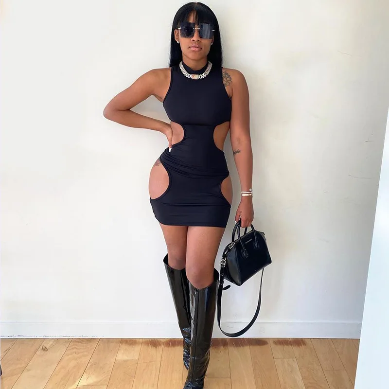 

Summer new fashion women's round neck sleeveless sexy short hollow package hip dress