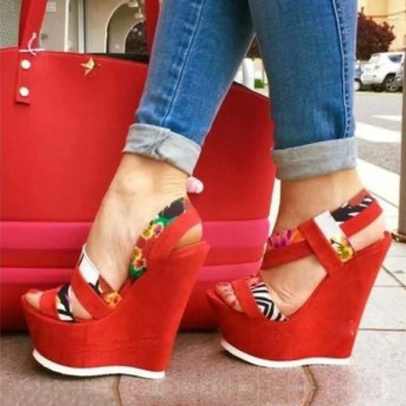 

Fashion 2022 Wedges Shoes For Women High Heels Sandals Summer Women's Shoes Peep Toe Wedges Platform Chinese Red Print Sandals