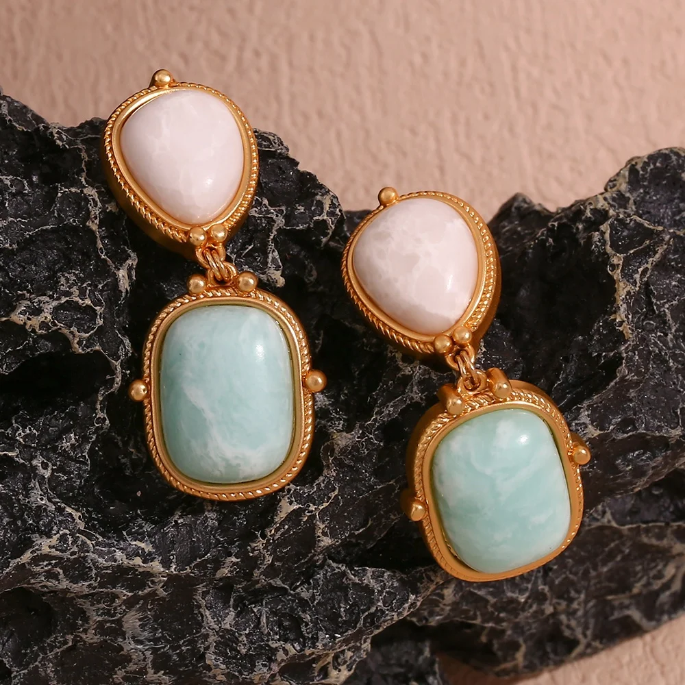 

Vintage Earring Women Jewelry Natural Amazonite Drop Earring Gold Plated Stainless Steel Jewelry