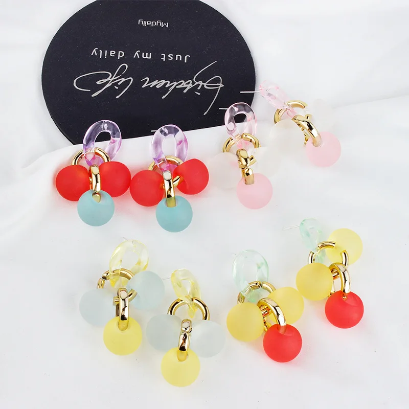 

3PCS S925 Silver Needle Earrings Ins Wind Ball Candy Color Acrylic Fairy Exaggerated Hoop Earrings