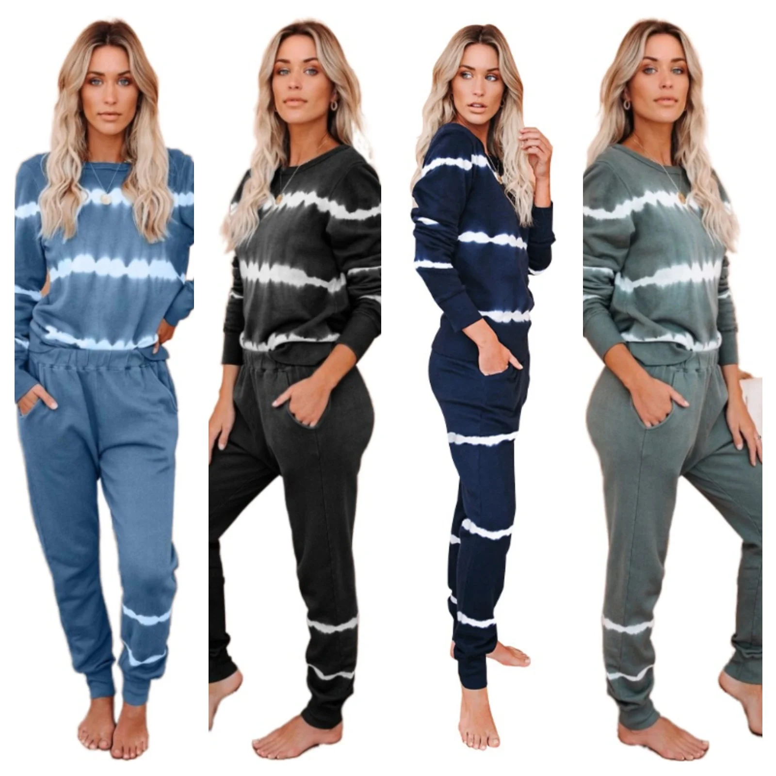 

BBOLY3305 Amazon European and American home pajamas women's long sleeve trousers tie dyed with stripes