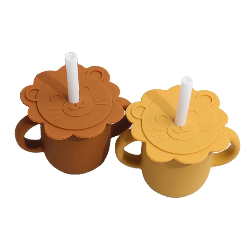 

New products 2021 lion shape babe products children silicon baby cups baby drinking learning silicone kid sippy cups with straw, Customized color