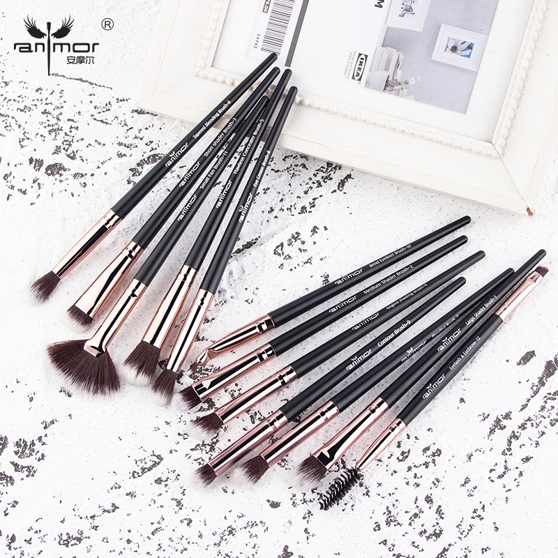 

Anmor 12Pcs Make Up Professional Foundation Eyeshadow Eyebrow Private Label Cosmetic Makeup Brush Set, Black, pink, champagne