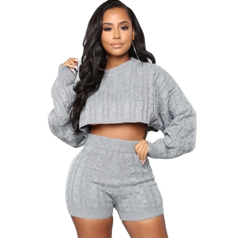 

2021 knit Style Ladies Clothes Crop Sweater For Woman 2 piece set, Picture