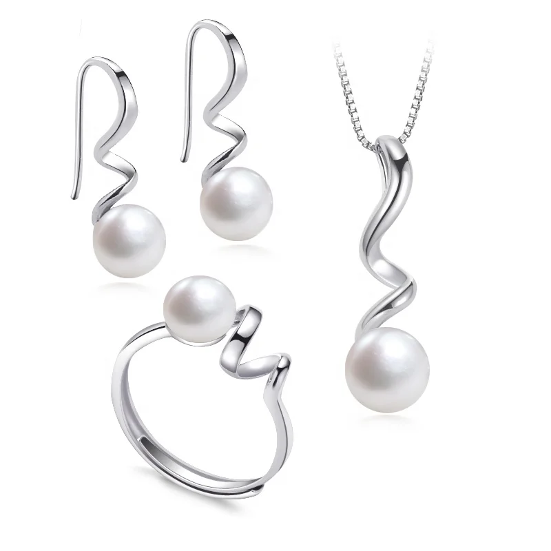 

925 Sterling Silver Natural Freshwater Pearl Rotate Shape Set Fashion Jewelry
