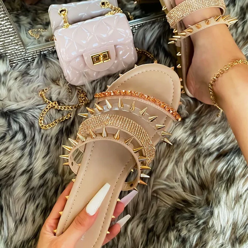 

Hot Sale Summer Women Rivet Sandals Shining Diamond Strap Outdoor Casual Flat Shoes For Women Slippers, Black/pink/multi