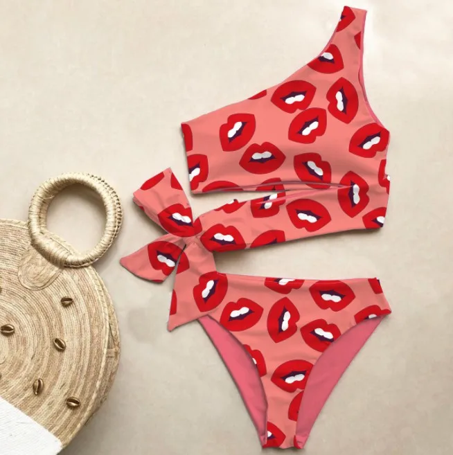 

Sexy One Shoulder Bikinis Women Swimsuit Lip print Swimwear High Waist Bathing Suit Beachwear Hollow Out Biuiqni female OEM