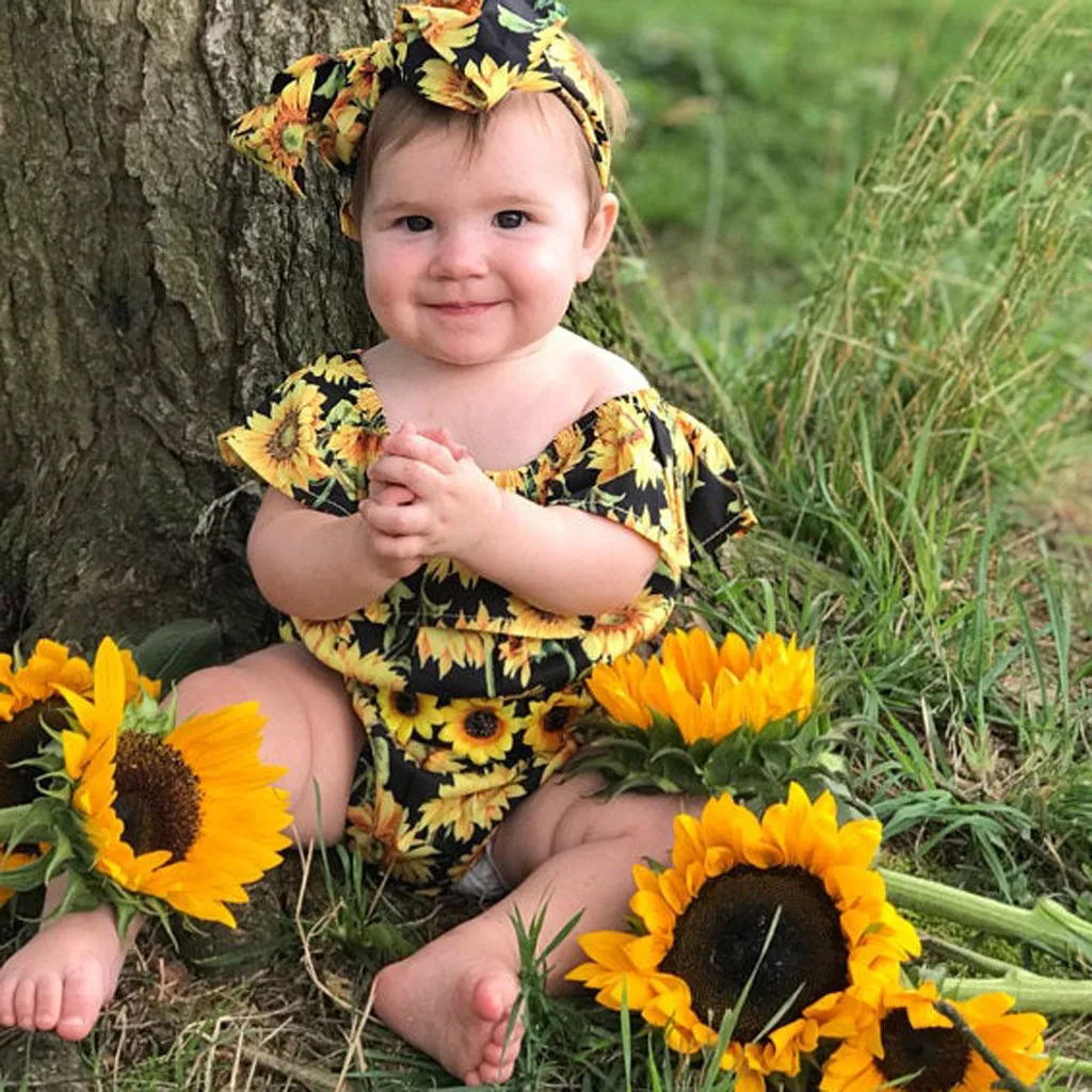 

Sunflower Print One-piece Newborn Baby Girl Romper Dress Ruffle Tutu Bodysuit Floral Skirt Outfit Summer Clothes for Infant Girl