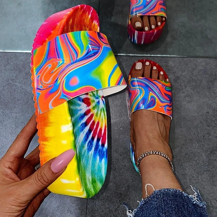 

New Fashion Women Beach Rainbow Sandals Lady Flat Platform Slides Slipper Multi-color Women Mule Shoes, Black, green, orange