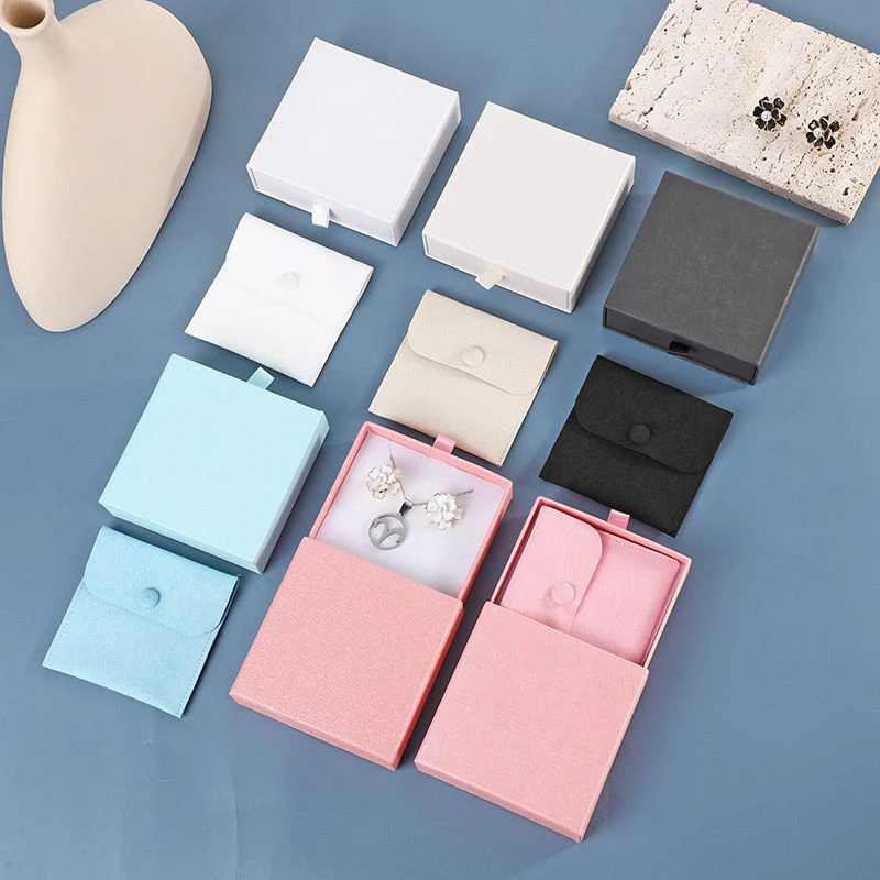 

Custom Eco Friendly Pink Suede Microfiber Envelope Snap Button Jewelry Packaging Pouch And Drawer Gift Box Set, Black,pink,white,blue,light pink,beige etc.