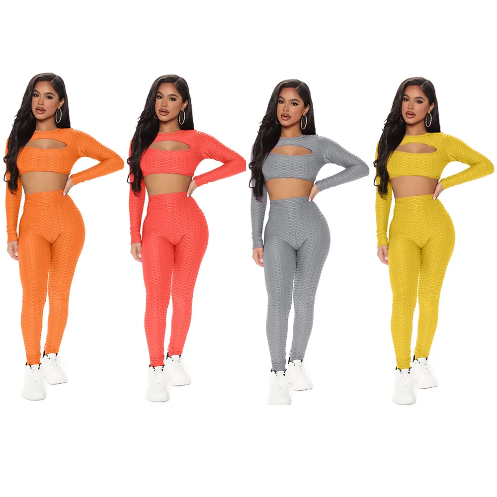 

Plus size knitting jacquard bubble hollow out yoga pants bodycon long sleeve crop top fitness suit workout apparel sports set