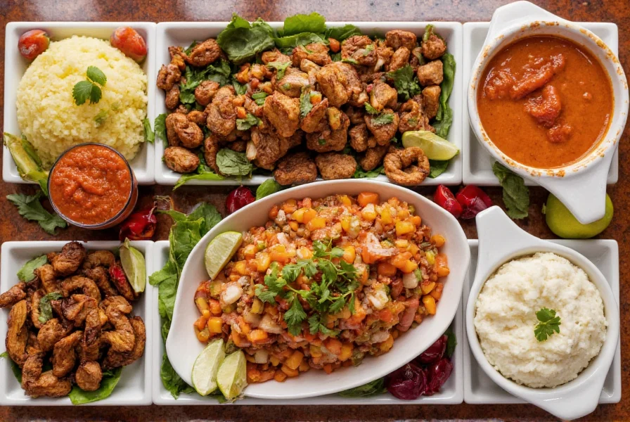 Peruvian dishes featuring aji pepper paste including ceviche, causa, and roasted vegetables