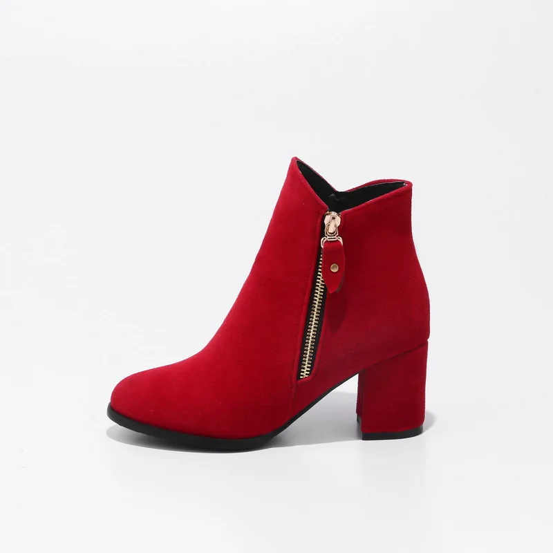 

Winter Fashion Suede Ankle Side Zipper Thick heel Ladies' Red Leather Boots, Black/ecru/grey/khaki