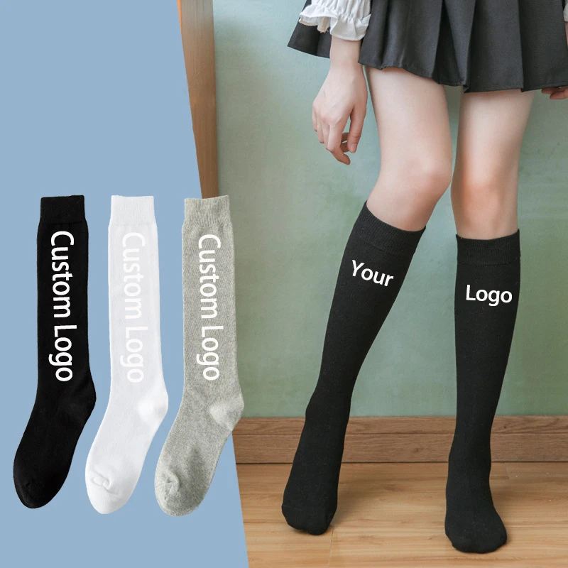

Custom logo women long socks woman embroidery OEM private label plain ODM thigh knee high sock blank custom print cotton socks, 4 colors