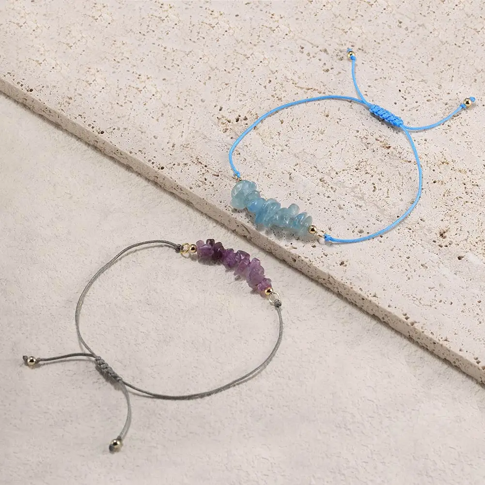 RINNTIN GMB53 2024 Wholesale Bohemian Irregular Gravel Woven Adjustable Crystal Bracelet Natural Raw Stone Bracelet for Women