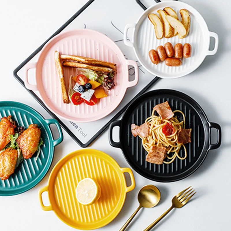 

Nordic creative ceramic baking tray homemade two-ear round bakeware, White or customized
