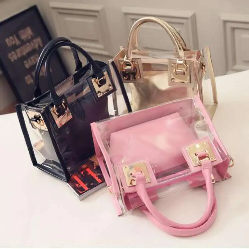 

Transparent Handbag 2pcs Women Fashion Shoulder Bag Clear Jelly Clutch Purse