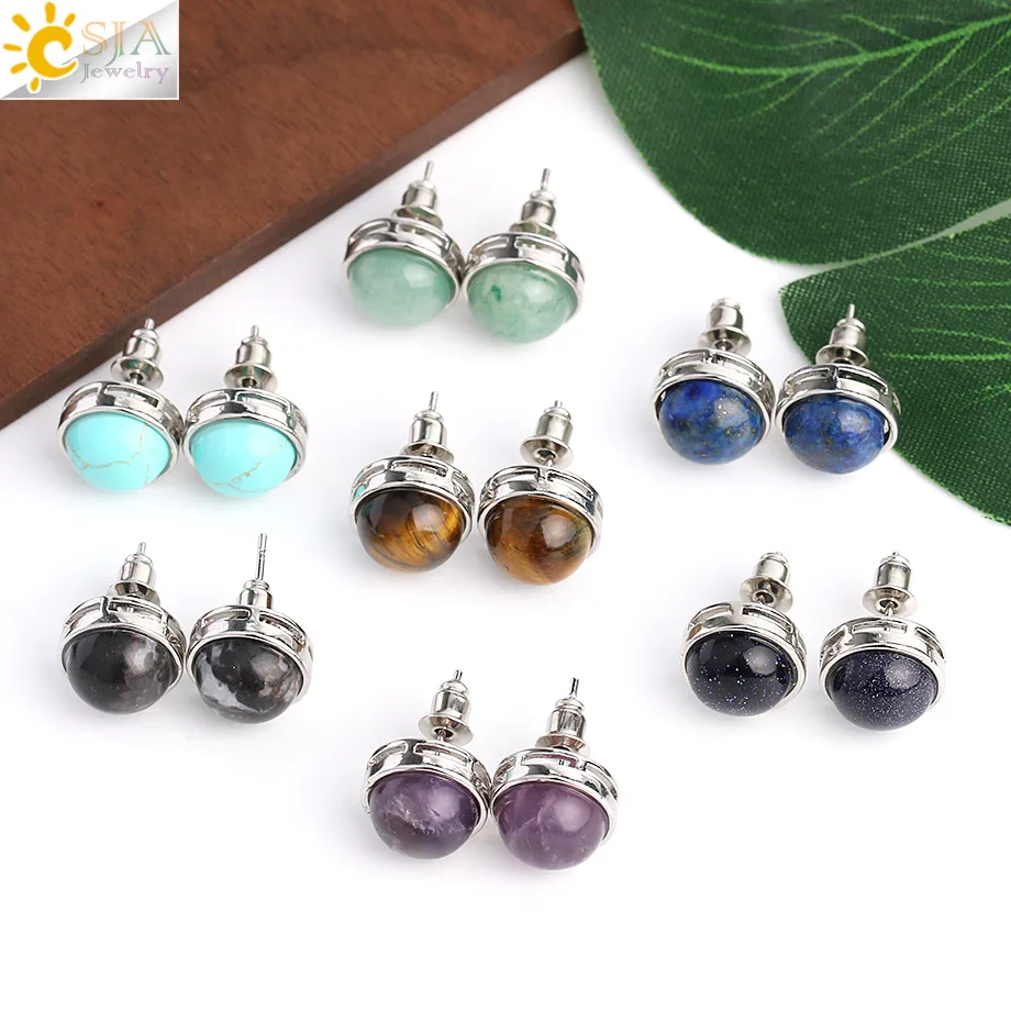 

CSJA Wholesale Natural Stone Crystal Stones Earrings Round Blue Turquoise Stud Earring for Women G063