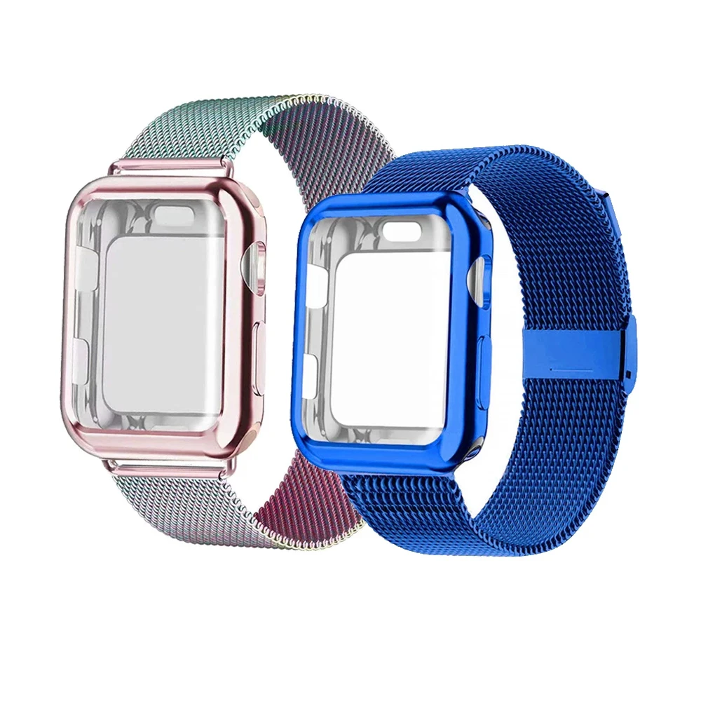 

New Style 2 In 1 Milanese Case Strap for Apple Watch Stainless Steel Metal Bands Shockproof Magnetic Cover for iwatch 38mm 42m, Silver, black, gray, rose gold, red, light purple, dark green