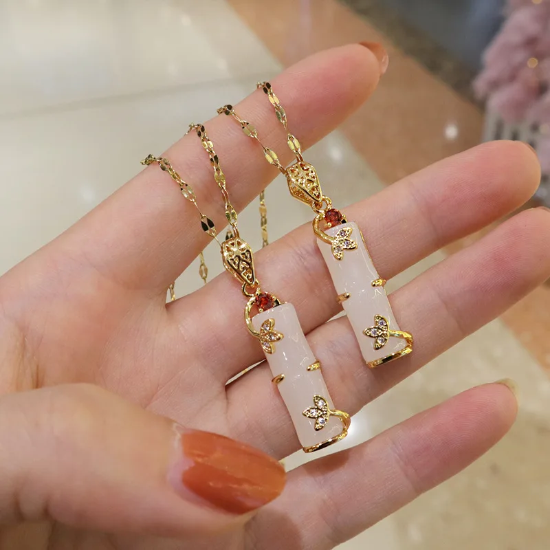 

Hotsale Real Gold Plated Stainless Steel Necklace Jewelry Long Bamboo Shape Pink Natural Jade Pendant Necklace for Women Girls