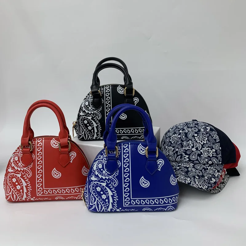 

print Bandana Bag Purse peaked cap Set vertical design Printed cashew flower handbags cricket cap sets women hand bags hat sets, Accept custom made