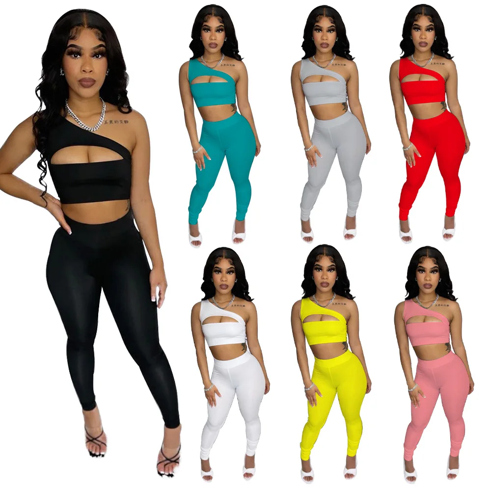 

Summer 2021 Plus Size Sporty Crop Tops Wide Pants Sleeveless Two Piece Pants Set One Shoulder Two Piece Set