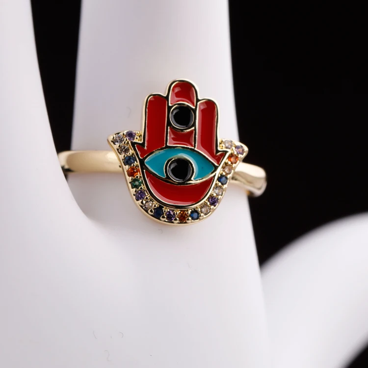 

Classic Design Red Blue Enameled Palm Ring with Colorful Rhinestone