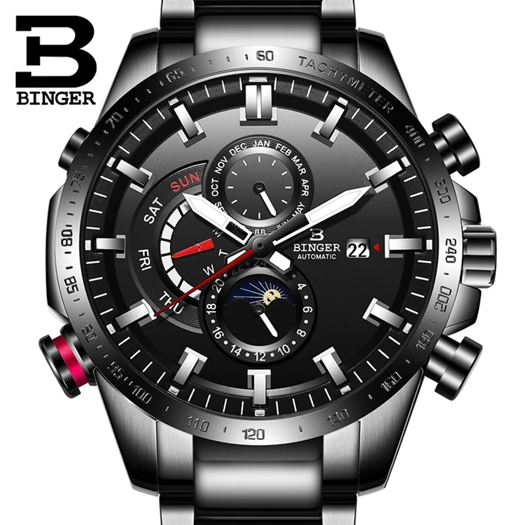 

Genuine Luxury Switzerland BINGER 10003 B Brand Men Automatic Mechanical Sapphire Luminous Waterproof Full Steel Belt Male Watch, 3 colours
