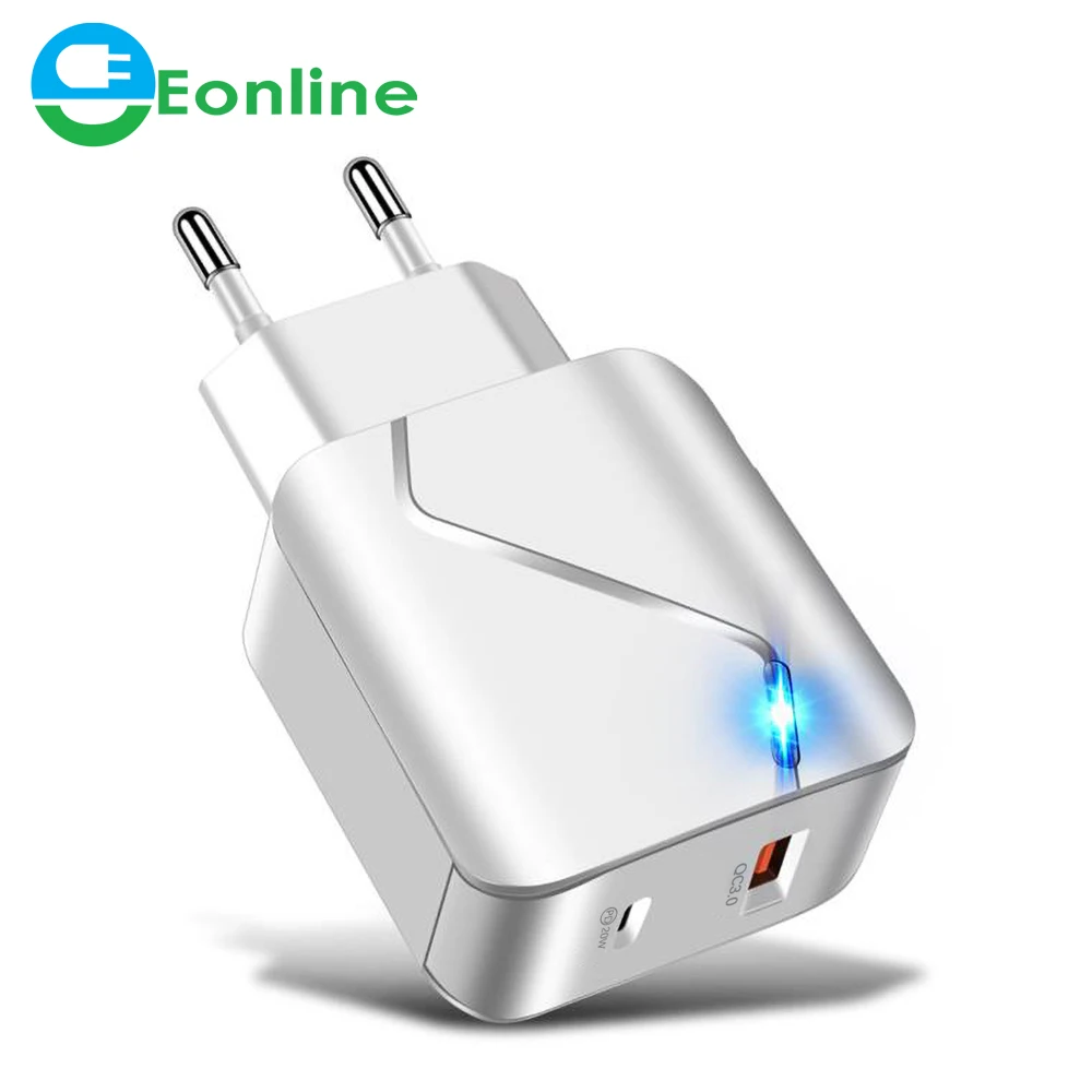 

Eonline EU/US Plug PD USB Charger 20W 3A Quik Charge 3.0 Mobile Phone Charger For iPhone 12 Samsung Xiaomi Fast Wall Chargers, White black