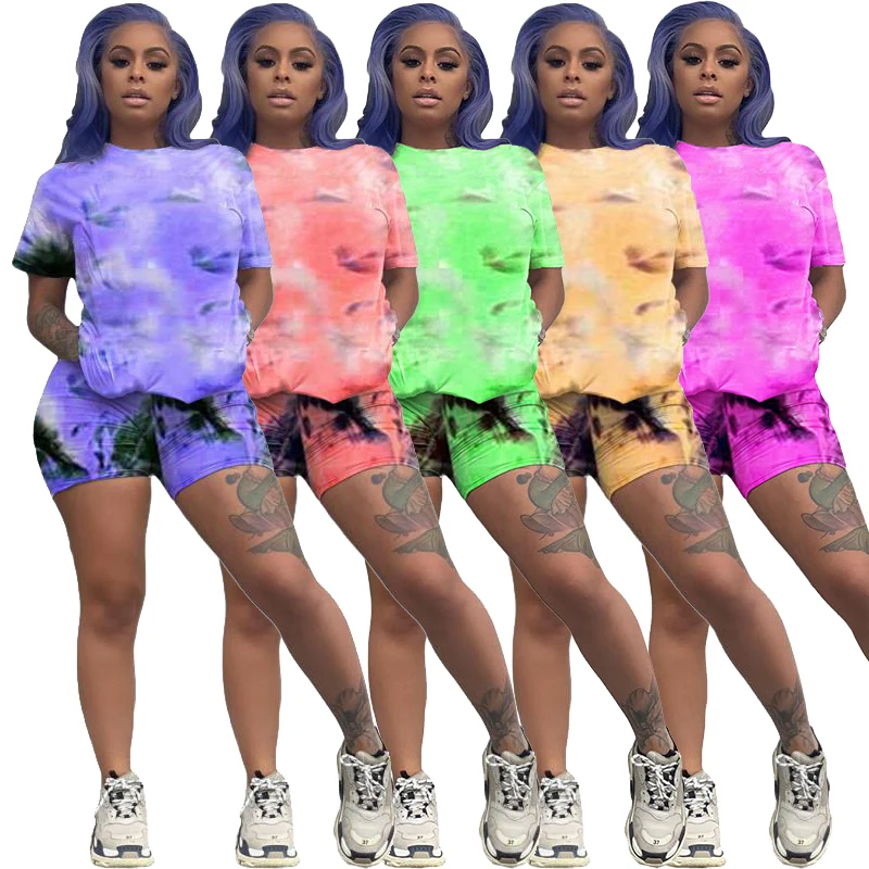 

QC2409 Hot selling summer woman clothes 2021 trending ladies outfit tie dye two piece shorts set, As picture or customized