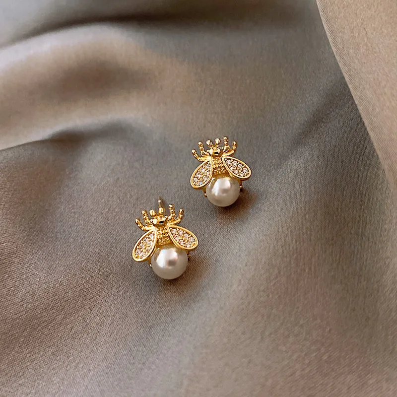 

fashion jewelry trendy pearl stud gold bee earing