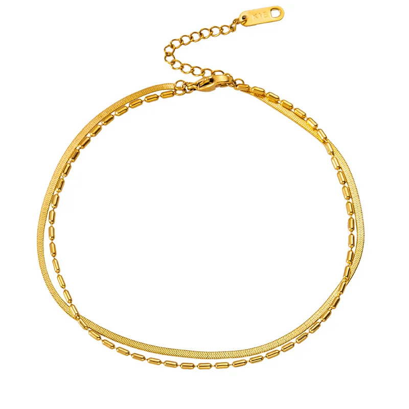 

Tarnish Free Jewelry 18K Gold Plated Stainless Steel Layering Anklets Double Layer Beaded Chains Flat Snake Chain Anklet YF3239