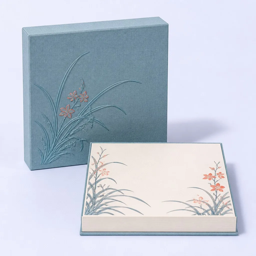 Dusty Slate Blue Orchid Motif Box and Memo Pad