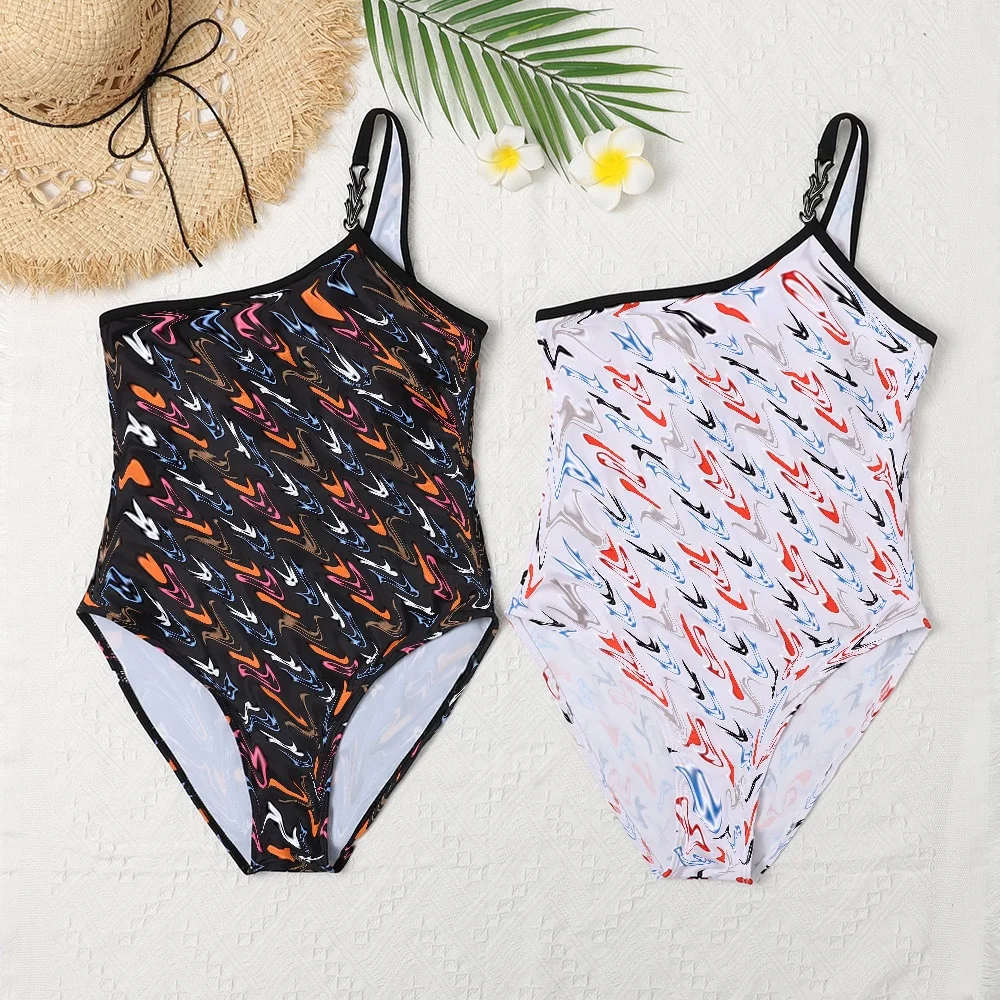 

One-shoulder Full Printed Letters Ladies Slim Swimwear Heart Print Letter Beachwear For Ladies, Shown