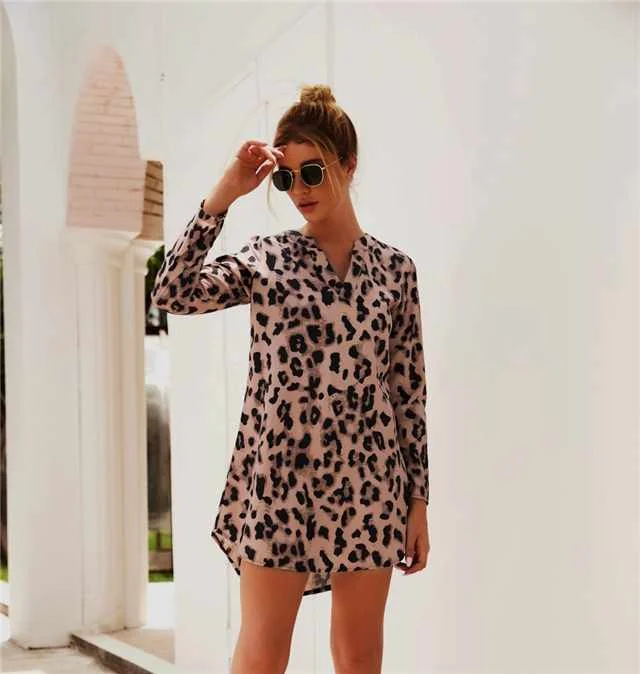 

Long Sleeve Midi Dress Women Hot Sale V-neck Long Sleeve Leopard Snake Print Shirt Dress, Picture color