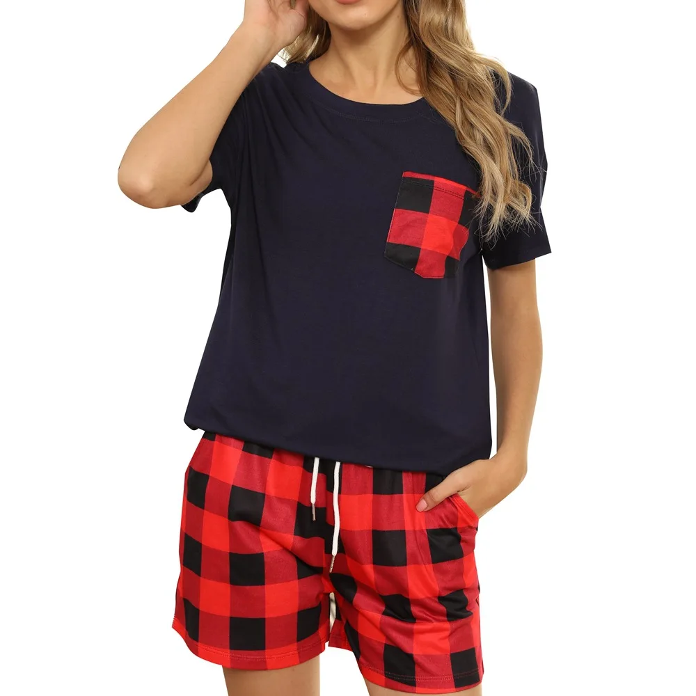 

Home service women's pajamas plaid short-sleeved suit