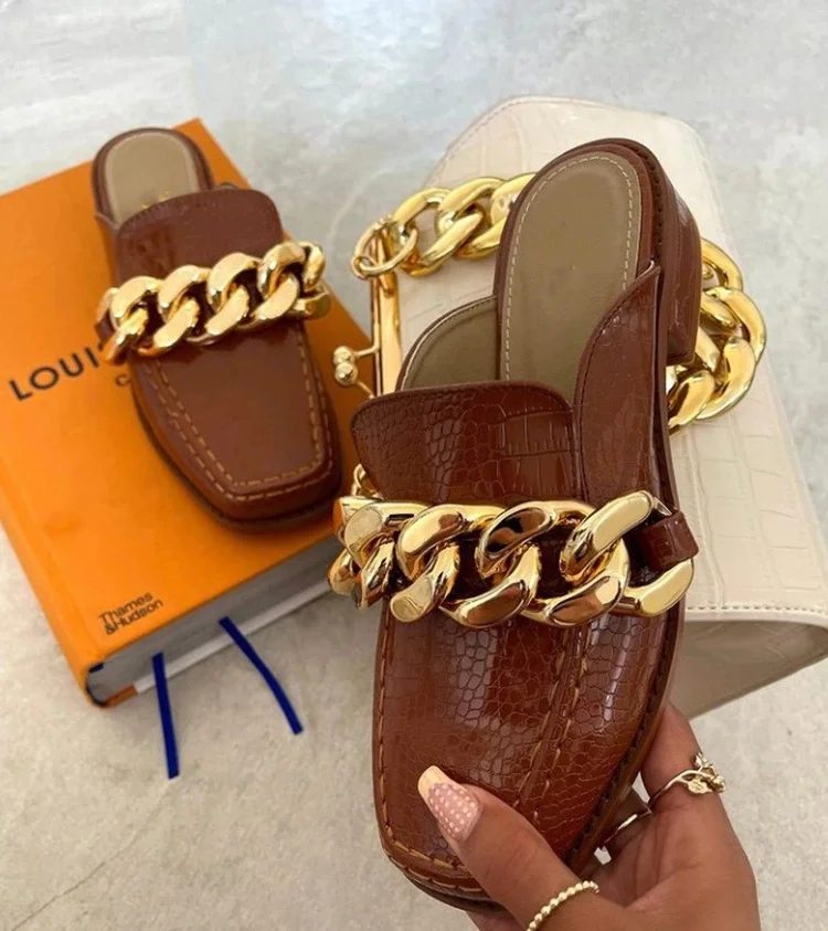 

Fall 2021 Platform Sandals Stylish Pu Material And Chain Design Heel Slippers For Ladies Block Heels Women Shoes